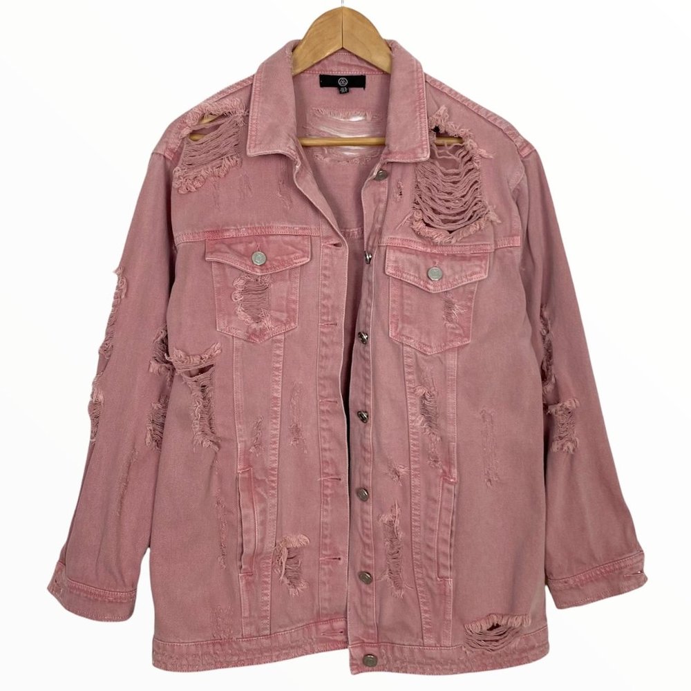 Missguided Mauve Pink Ripped Distressed Boyfriend Jean Jacket, sz 4, EUC - Picture 2 of 8